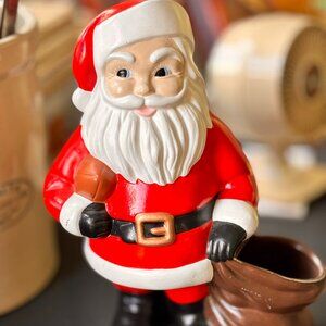 Santa Claus with Bag and Football Retro 1977 Hand Painted Ceramic VTG Christmas
